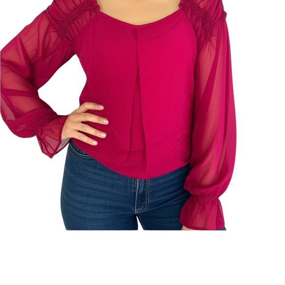 ELIE TAHARI Magenta Silk Top Ruffle Sheer Sleeves Feminine Pretty Small Flowy - Picture 5 of 13